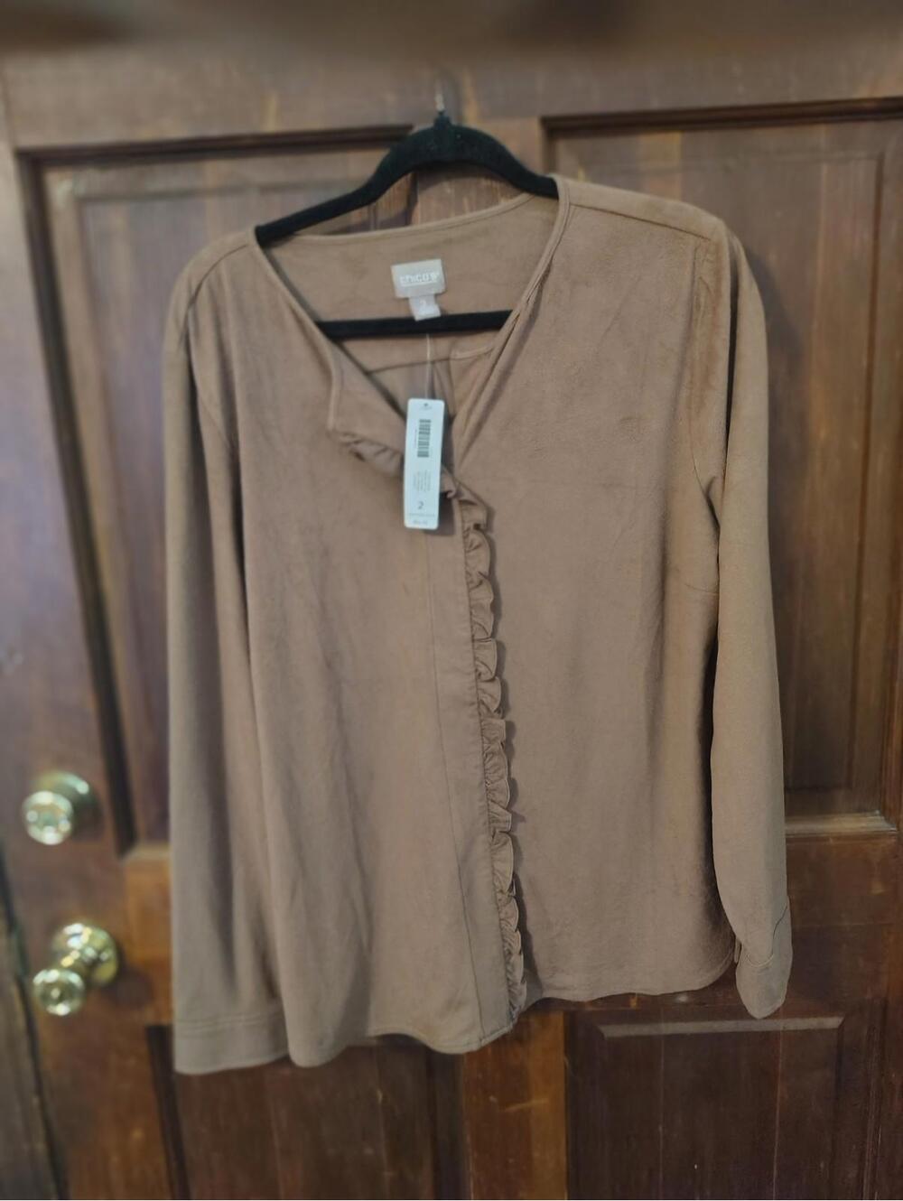 Chico's False Leather Suede Ruffle Soft Brown Blouse Large 2